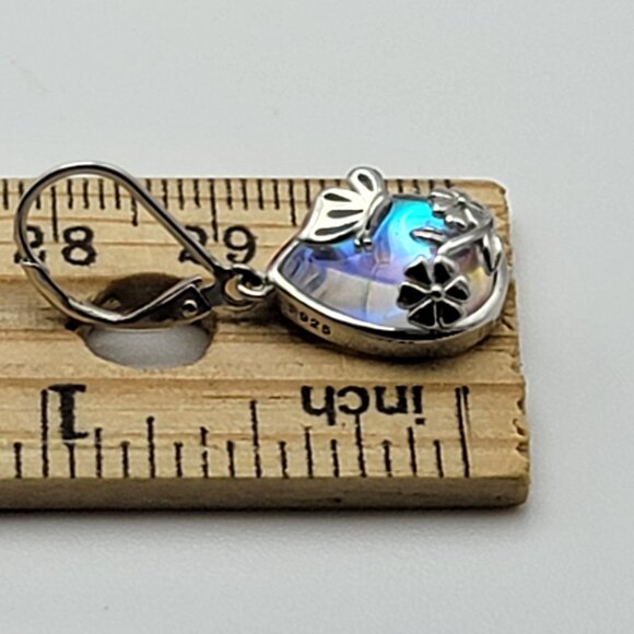 Sterling Silver 925 Butterfly & Flower Adorned Moonstone Dangle Earrings Hinged - Picture 8 of 9